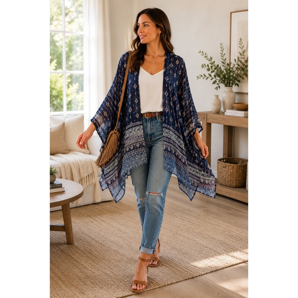 Lane Bryant‎ Boho Sheer Kimono Navy Pink Border Print Open Front One Size OS